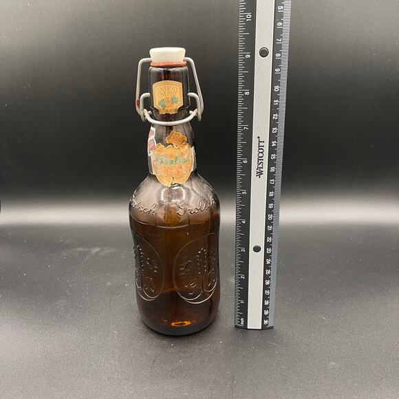 Vintage Grolsch Beer Bottle W/ Porcelain Top, Brown Amber Glass, Embossed 16 Oz - Picture 4 of 4